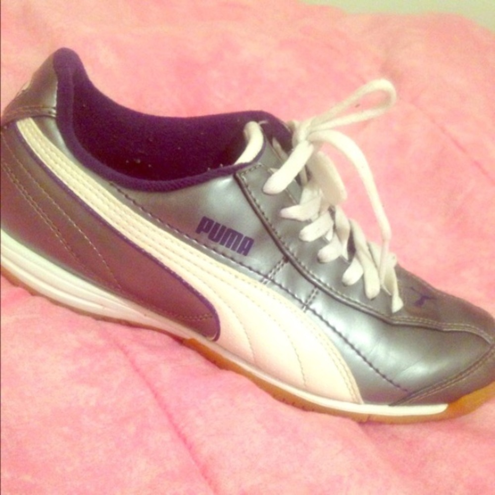 Silver white and purple puma sneakers